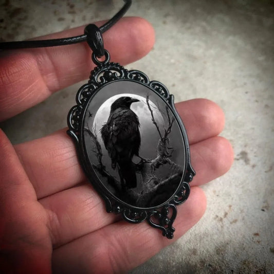 Crow Moon Glass Pendant — Gothic Dark Necklace