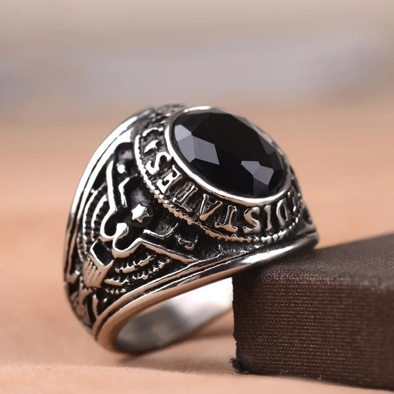 Dark Gemstone Signet Ring — Stainless Steel Men