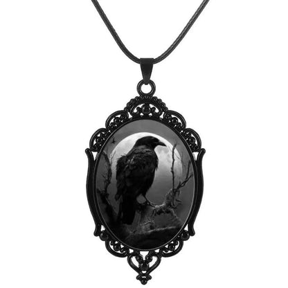 Crow Moon Glass Pendant — Gothic Dark Necklace
