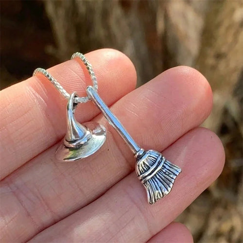 Gothic Halloween Witch Hat Broom Geometric Pendant Necklace Fashion Versatile Sweater Chain Women Accessory Party Jewelry Gift