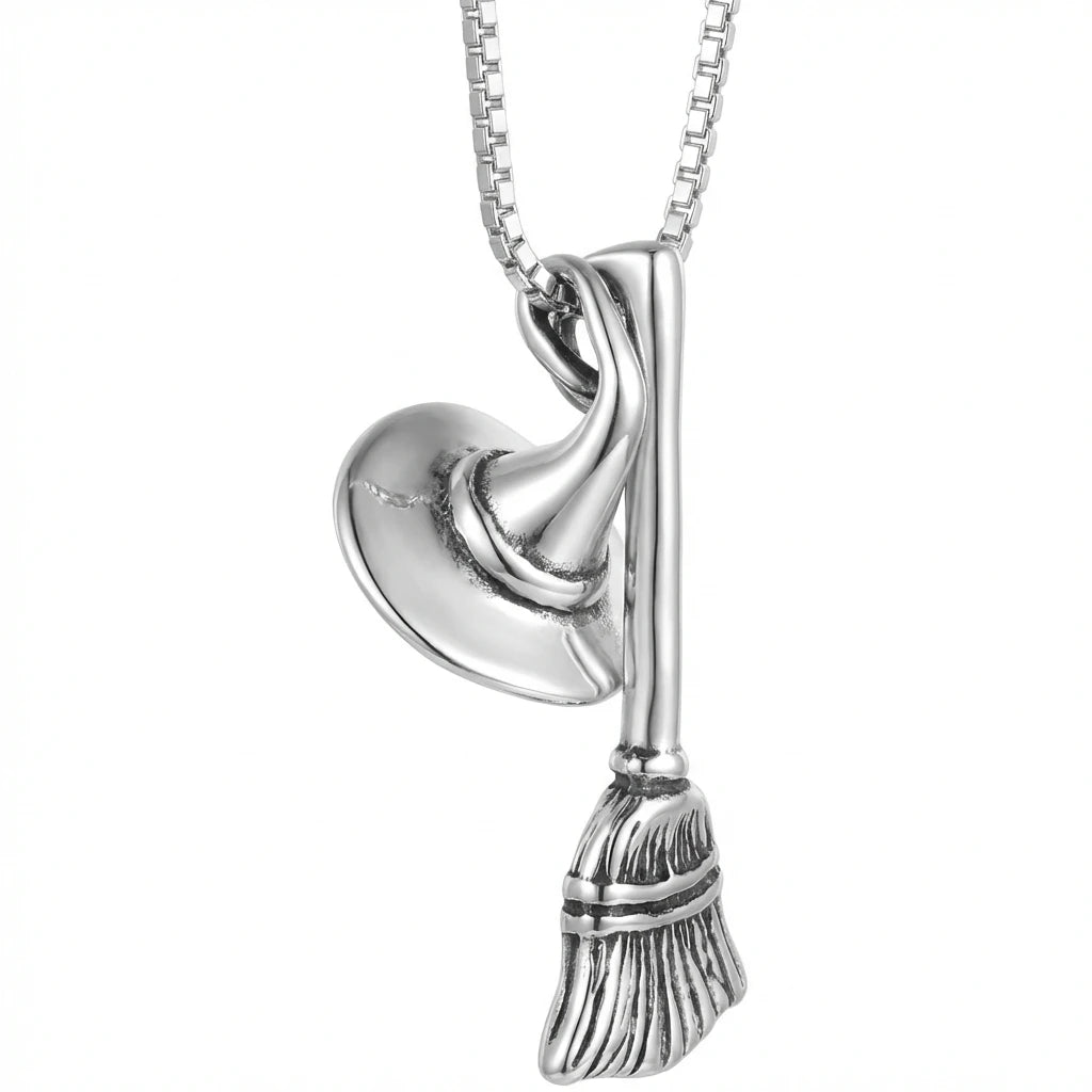 Gothic Halloween Witch Hat Broom Geometric Pendant Necklace Fashion Versatile Sweater Chain Women Accessory Party Jewelry Gift
