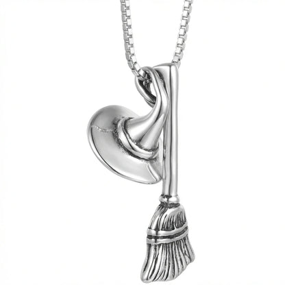 Gothic Halloween Witch Hat Broom Geometric Pendant Necklace Fashion Versatile Sweater Chain Women Accessory Party Jewelry Gift
