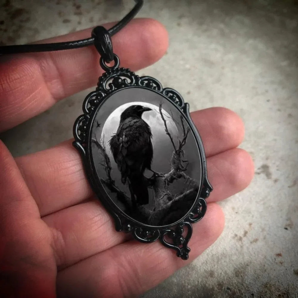 Crow Moon Glass Pendant — Gothic Dark Necklace