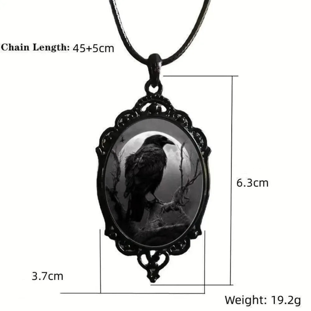 Crow Moon Glass Pendant — Gothic Dark Necklace