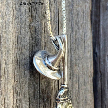 Gothic Halloween Witch Hat Broom Geometric Pendant Necklace Fashion Versatile Sweater Chain Women Accessory Party Jewelry Gift
